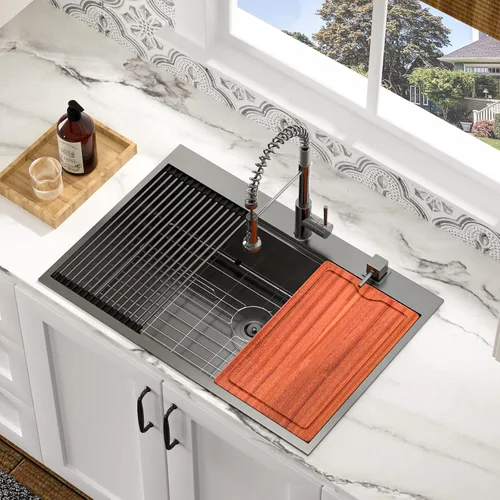 Vista 13 de Fregadero de cocina negro de 30"x19", estación de trabajo con revestimiento nano, acero inoxidable 304 calibre 16, hecho a mano, montaje superior