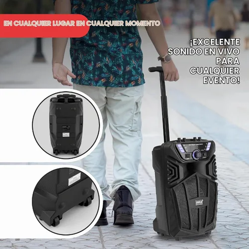 Vista 6 de Pyle Altavoz PA Bluetooth portátil de 480 W, altavoz de karaoke recargable de 8 pulgadas, sistema de audio con micrófono inalámbrico y ruedas, TWS
