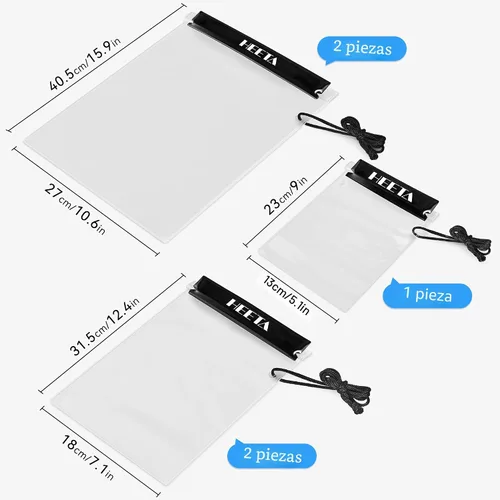 Vista 4 de HEETA Paquete de 5 bolsas secas transparentes impermeables, estuches herméticos, bolsas secas, soporte para documentos para cámara, teléfono