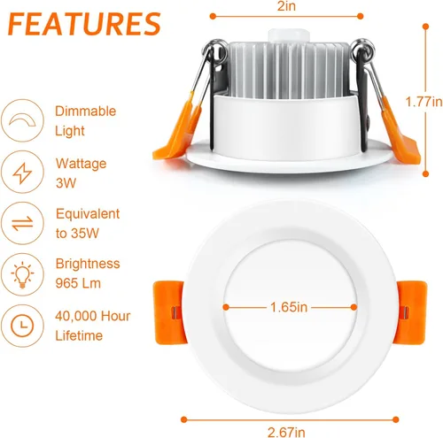 Vista 2 de inShareplus Iluminación empotrable LED de 2 pulgadas, luz regulable de 3 W (equivalente a 35 W), luz blanca diurna de 5000 K, CRI80, lámparas
