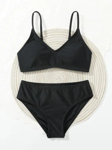 Vista 5 de MakeMeChic Conjunto de bikini sólido de verano para niña, traje de baño de dos piezas, cuello en V, correa ajustable