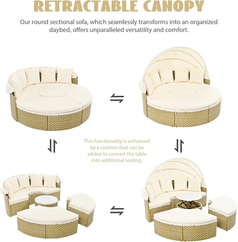 Vista 7 de KEVINSPACE Sofá cama para patio al aire libre con toldo retráctil, cojines lavables, muebles redondos de mimbre para exteriores, sofá modular de 65