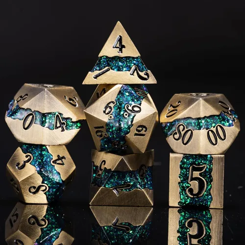 Vista 13 de Dados poliédricos DND de metal, juego de dados metálicos con purpurina a rayas grandes, juego de 7 dados plateados antiguos para juegos de rol