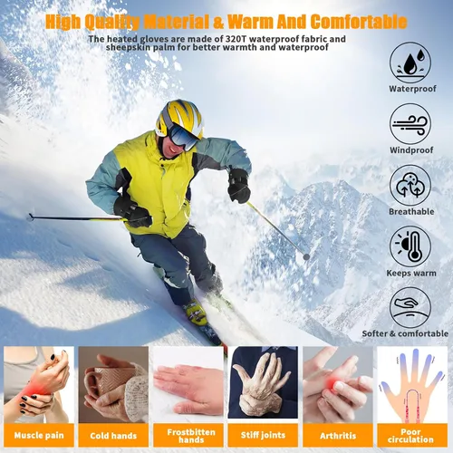 Vista 3 de Orznez Guantes calefactables, guantes de invierno para hombres y mujeres con 2 baterías de 2600 mAh, guantes térmicos impermeables para clima frío