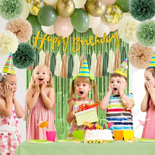 Vista 3 de Decoraciones de fiesta de cumpleaños verde salvia para mujeres y niñas, pancarta de feliz cumpleaños, retro, verde oliva, dorado, globo, cortina