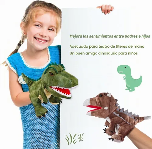 Vista 6 de Marionetas de mano de dinosaurio de felpa, juguete de dinosaurio suave, regalos para niños (2 piezas)