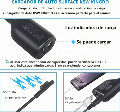 Vista 3 de Surface Pro - Cargador de coche para computadora portátil, 36 W, 12 V, 2.58 A, fuente de alimentación para Microsoft Surface Pro 3/4/5/6/Book/Go