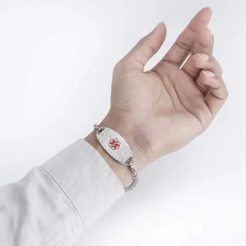 Vista 4 de Pulsera de identificación de alerta médica, cadena de acero inoxidable intercambiable con etiqueta de filigrana, pulseras de identificación