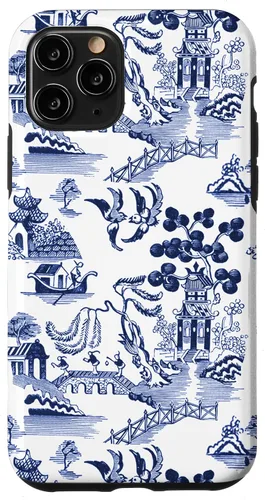Vista 28 de iPhone 14 Pro Preppy Azul y Blanco Willow Patrón Chinoiserie Toile Case