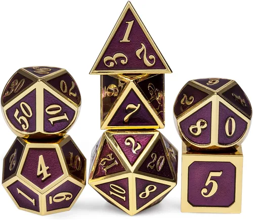 Vista 16 de DNDND - Dados de diseño antiguo, 7 dados de metal de latón con caja de metal para juegos de mesa como Dungeons and Dragons
