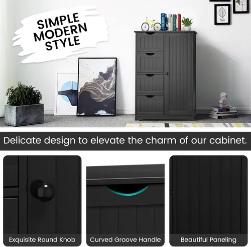 Vista 6 de COSTWAY Armario de almacenamiento de baño, organizador de almacenamiento de madera con 4 cajones profundos y estante ajustable, gabinete de piso
