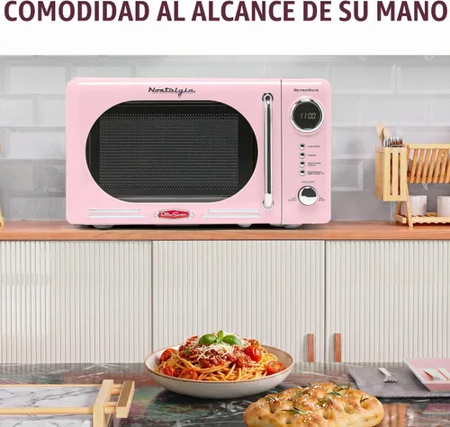 Vista 9 de Nostalgia Horno microondas para encimera con interior fácil de limpiar, microondas retro con pantalla LED y bloqueo para niños, horno compacto