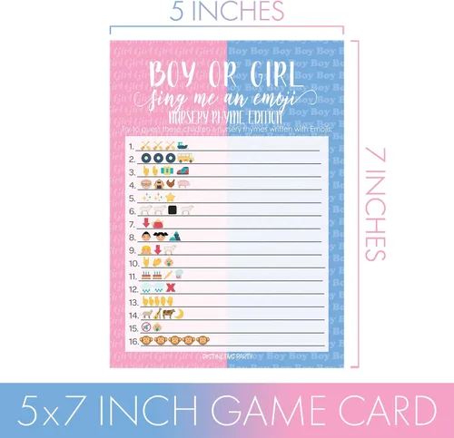 Vista 4 de DISTINCTIVS Tarjetas de juego de emoji para fiesta de revelación de género - 20 unidades 20 Game Cards, 5" x 7", Answer Key Included, Pink Blue