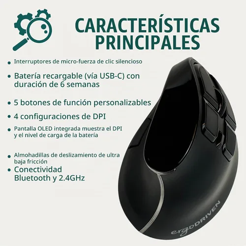 Vista 5 de Ergodriven Ratón ergonómico vertical Om Inalámbrico: Bluetooth y 2.4G Recargable, óptico, 4 niveles DPI, 5 botones personalizados para PC