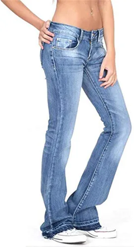 Vista 2 de Andongnywell - Pantalones de mezclilla elásticos de cintura media para mujer, elásticos, acampanados, pierna ancha, pantalones de mezclilla