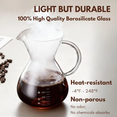 Vista 5 de Cafetera vertida, jarra de vidrio de borosilicato de 27 onzas (27.1 fl oz), filtro de acero inoxidable reutilizable, gotero sin papel