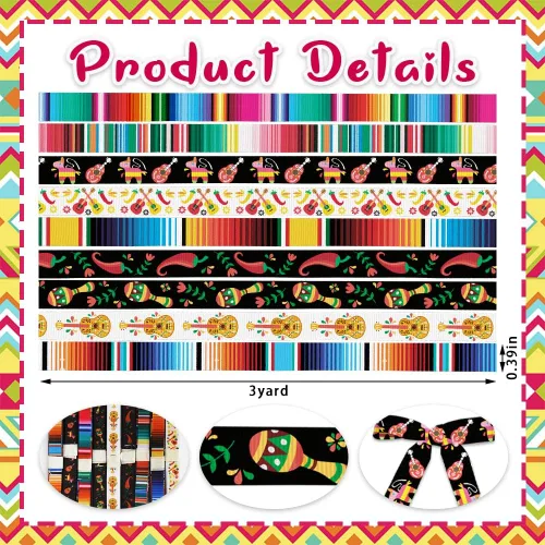 Vista 2 de 9 rollos de cinta para fiesta de 3/8 pulgadas, cinta de grogrén mexicano de serape mexicano, colorido, degradado, arcoíris, rayas, piñata, cactus