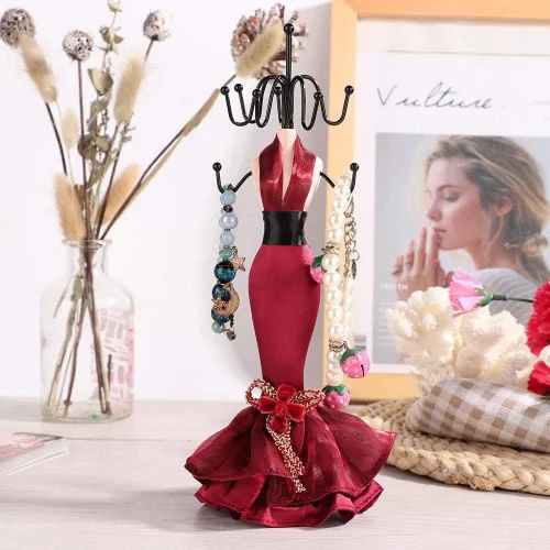 Vista 4 de Soporte de joyería, 4 piezas con colgante, collar, aretes, pulsera, anillo, zapatos, vestido, joyería, modelo, soporte de exhibición (rojo vino)