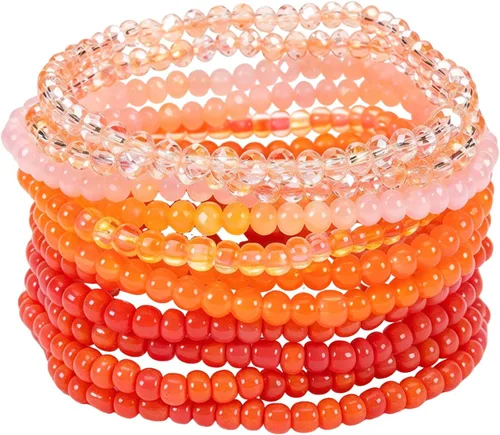 Vista 7 de Caiyao 12 pulseras apilables con cuentas de resina multicapa bohemia, pulseras elásticas de cuentas de cristal de colores, pulseras elásticas de 10