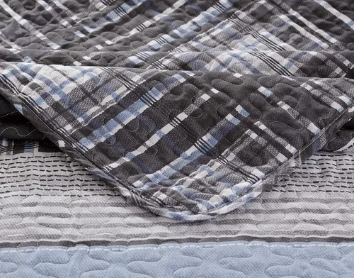 Vista 3 de Kids Zone Home Linen Colcha unisex con patrón de cuadros gris claro y blanco carbón (individual/individual extra largo)