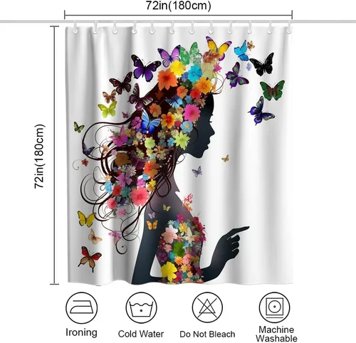 Vista 4 de Cortina de ducha de tela para bañeras de baño con diseño floral de mujer, con 12 ganchos, 72 x 72 pulgadas, poliéster, lavable a máquina, rosa