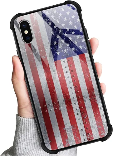 Vista 6 de Funda compatible con iPhone XS, fundas para mujer, a prueba de golpes, antiarañazos, patrón clásico de metal, bandera estadounidense roja y azul