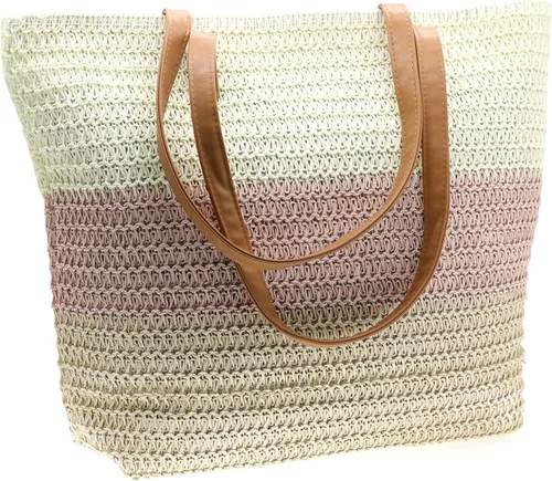 Vista 4 de Bolso grande de paja para mujer, tejido de ratán, bolso de playa de verano, a rayas