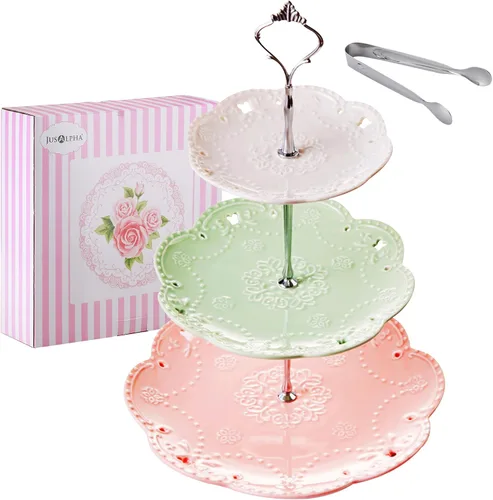 Vista 9 de Jusalpha 3-Tier porcelana china pastel soporte para postres, pasteles, fiesta de té, bandeja de servir, Dorado