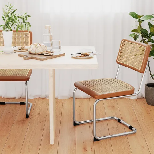 Vista 7 de Juego de 2 sillas de comedor de ratán modernas de mediados de siglo con respaldo tejido de ratán natural y asiento, sillas laterales tapizadas sin
