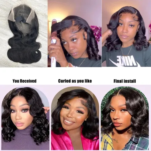 Vista 6 de Peluca Bob de Cabello Humano 4x4 Pelucas de Encaje Frontal sin Pegamento Cabello Humano Pre Arrancado Bob Corto Body Wave Pelucas de Cierre