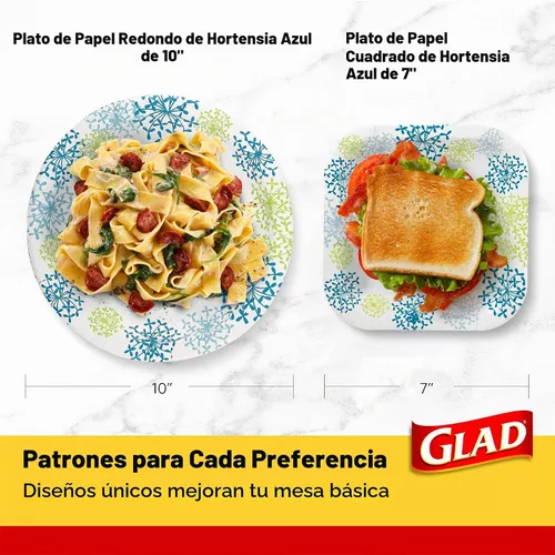 Vista 6 de Glad Everyday - Platos redondos de papel, platos desechables de postre y aperitivo con estampado de hortensias azules para comidas y fiestas, a