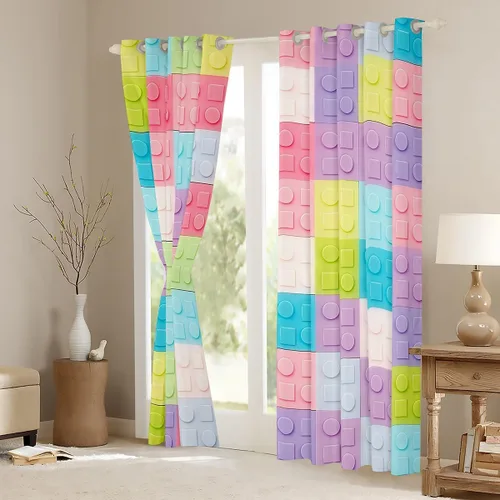 Vista 3 de Feelyou Cortinas de ventana de bloque de construcción para dormitorio, 38 pulgadas de ancho x 45 pulgadas de largo, 2 paneles de estilo ladrillo