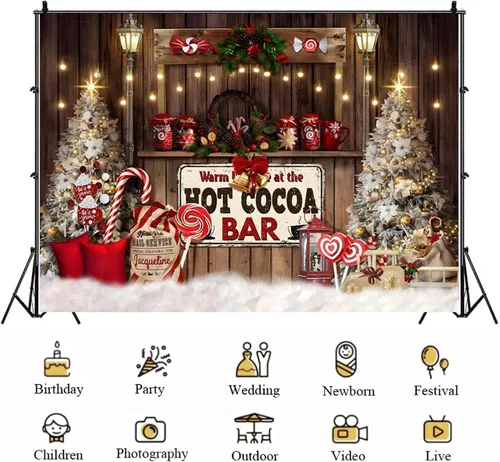 Vista 4 de Telón de fondo de cacao caliente de Navidad para fotografía – Fondo de decoración de cetro y árbol de tienda de golosinas – Decoración de fiesta