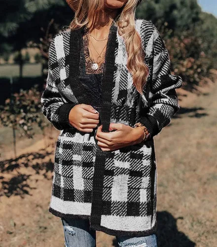 Vista 2 de ZESICA Suéter de punto de manga larga con estampado de leopardo para mujer, suéter tipo cardigan para exteriores.