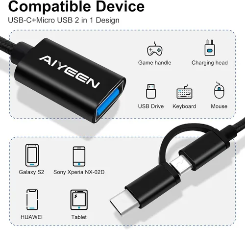 Vista 2 de Adaptador USB-C/Micro a USB, USB 3.0 2 en 1, cable adaptador OTG, compatible con MacBook Pro, Android, Google, Samsung y más, negro