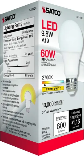 Vista 2 de Satco S11406 Econo - Bombilla LED A19, repuesto de 60 W, 2700 K blanco cálido, 800 lúmenes