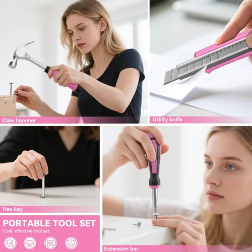 Vista 6 de Kit de herramientas rosa de 69 piezas para mujeres, pequeño kit de herramientas manuales básicas para el hogar, kit de herramientas perfectas