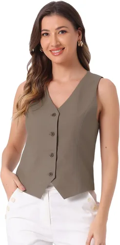 Vista 20 de Allegra K Chaleco para mujer, de verano, algodón, lino, sin mangas, con botones, cuello en V, totalmente forrado, chalecos recortados Negro
