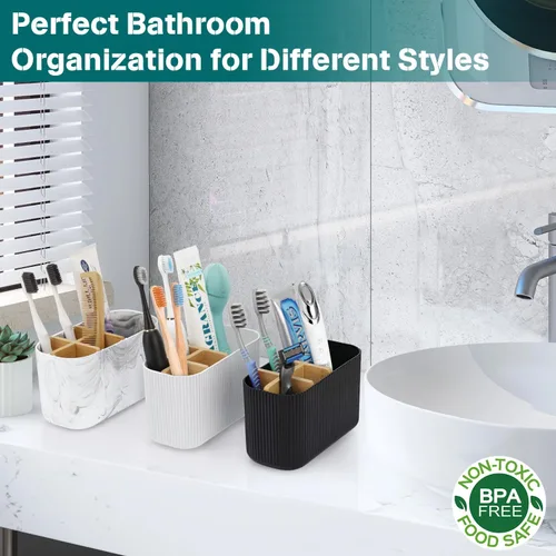 Vista 5 de GFWARE Soporte para cepillos de dientes negro – Portacepillos de dientes de bambú para baños, organizador de cepillos de dientes eléctrico
