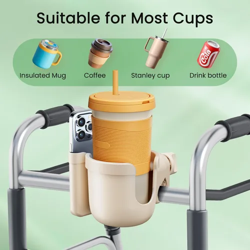 Vista 2 de Guiseapue Portavasos para caminador, portavasos para silla de ruedas con soporte para teléfono, accesorios para andador para personas mayores