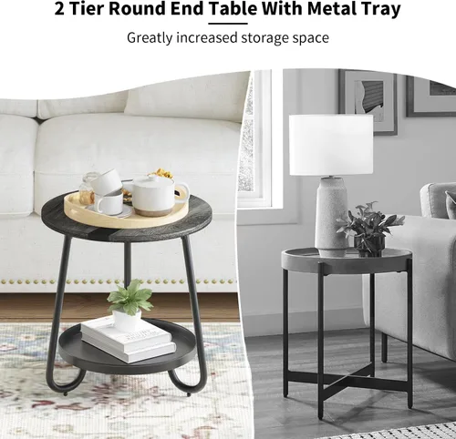 Vista 6 de Mesa de centro de 2 niveles para sala de estar, mesa de centro redonda de estilo industrial con bandeja de metal, mesa de centro pequeña de madera