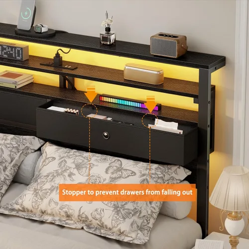 Vista 3 de Full Size Bed Frame with Headboard, 3-Tier Storage Shelves & 2 Fabric Drawers, Built-in Charging Station & RGB LED Lights, Metal Slat Support, No