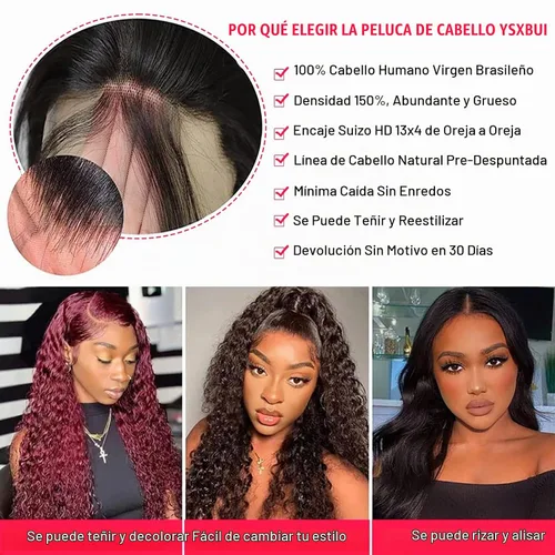 Vista 5 de Peluca de encaje frontal de onda profunda, 200% cabello humano, sin Pelucas de encaje frontal profundo de 13 x 4