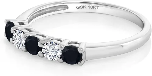 Vista 4 de Gem Stone King 050 Ct Round Black Onyx White Diamond 10K White Gold 5-Stone Band Ring