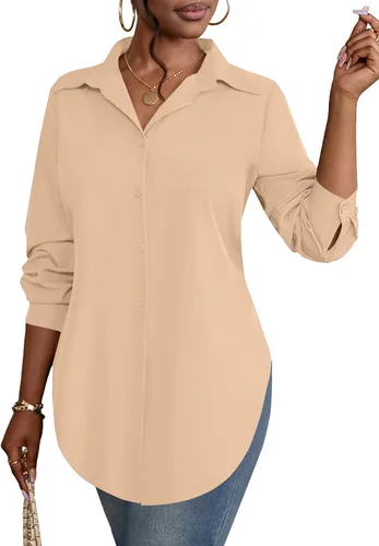 Vista 26 de Rooscier Blusa larga con cuello en V para mujer, manga larga, abertura lateral, con botones