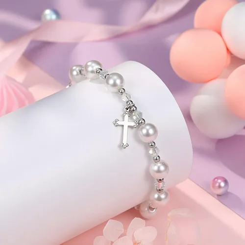 Vista 7 de UNGENT THEM Regalos de bautismo para niñas, pulseras de regalos de primera comunión para niñas, pulsera de cruz