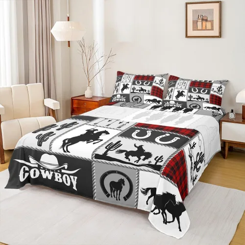 Vista 17 de Juego de sábanas para niños estilo vaquero occidental tamaño individual, juego de ropa de cama con diseño geométrico de cactus, decoración