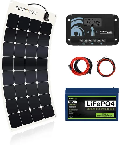 Vista 10 de ExpertPower Kit de energía solar de 100 W y 12 V Batería de litio LiFePO4 de 12 V 20 Ah Panel solar flexible de 100 W, controlador de carga