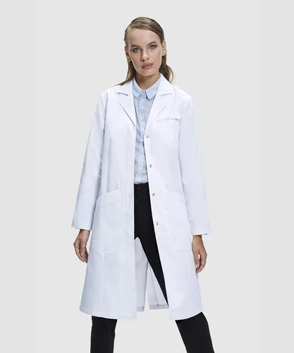 Vista 5 de Abrigo de laboratorio para mujer, múltiples bolsillos, ajuste clásico, blanco, 37 pulgadas de largo
