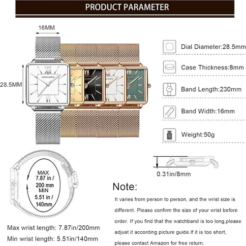 Vista 4 de HANNAH MARTIN Relojes para mujer, correa de acero inoxidable de malla de oro rosaplata, casual, impermeable, reloj de pulsera para mujer con esfera